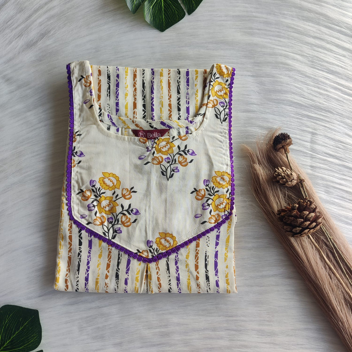 Yellow And Purple Stripes Printed Ivory Premium Cotton Mix N Match Lace Pocket Nighty | Free Size | Chest Width 44″| Length 56″
