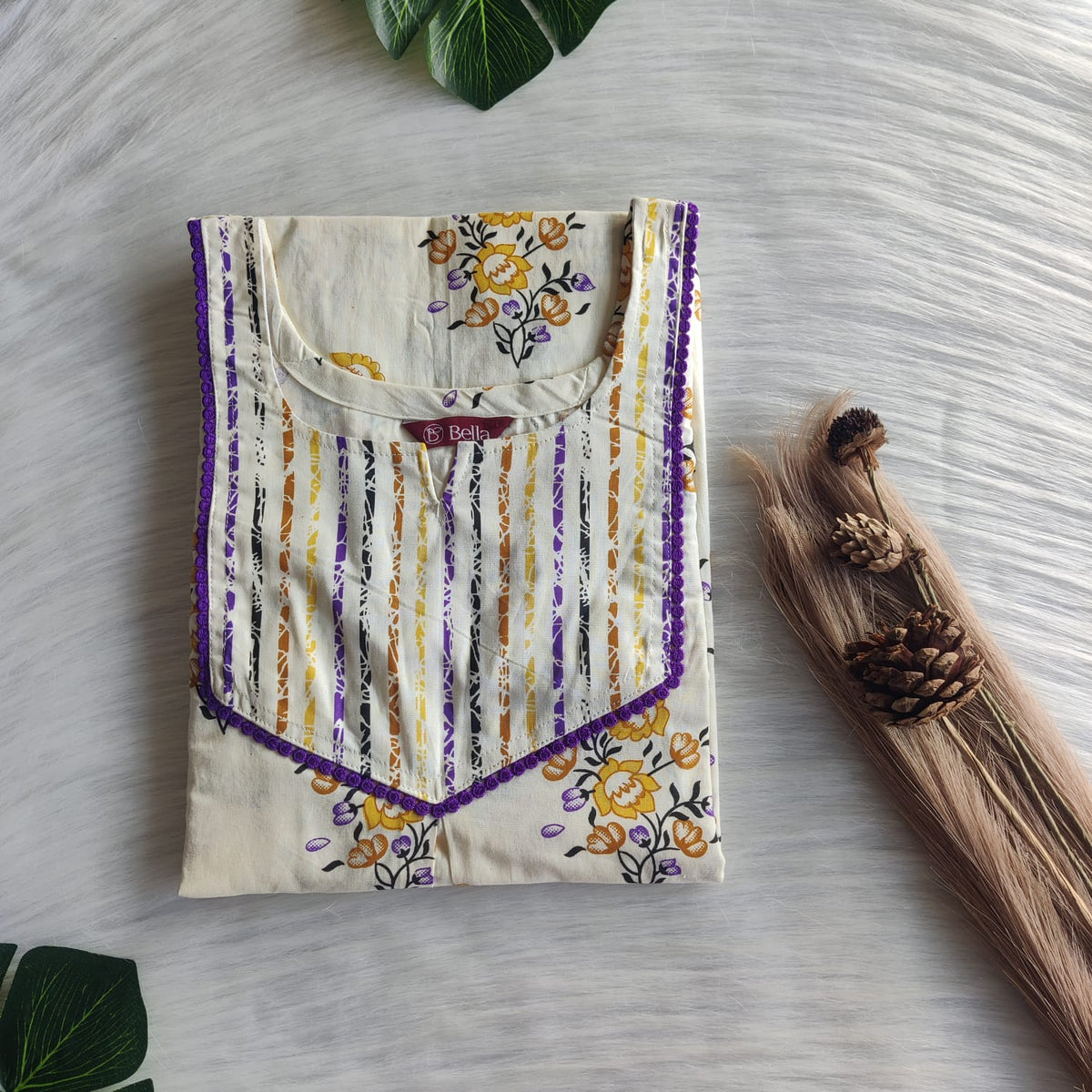Purple And Yellow Floral Printed Ivory Premium Cotton Mix N Match Lace Pocket Nighty | Free Size | Chest Width 44″| Length 56″
