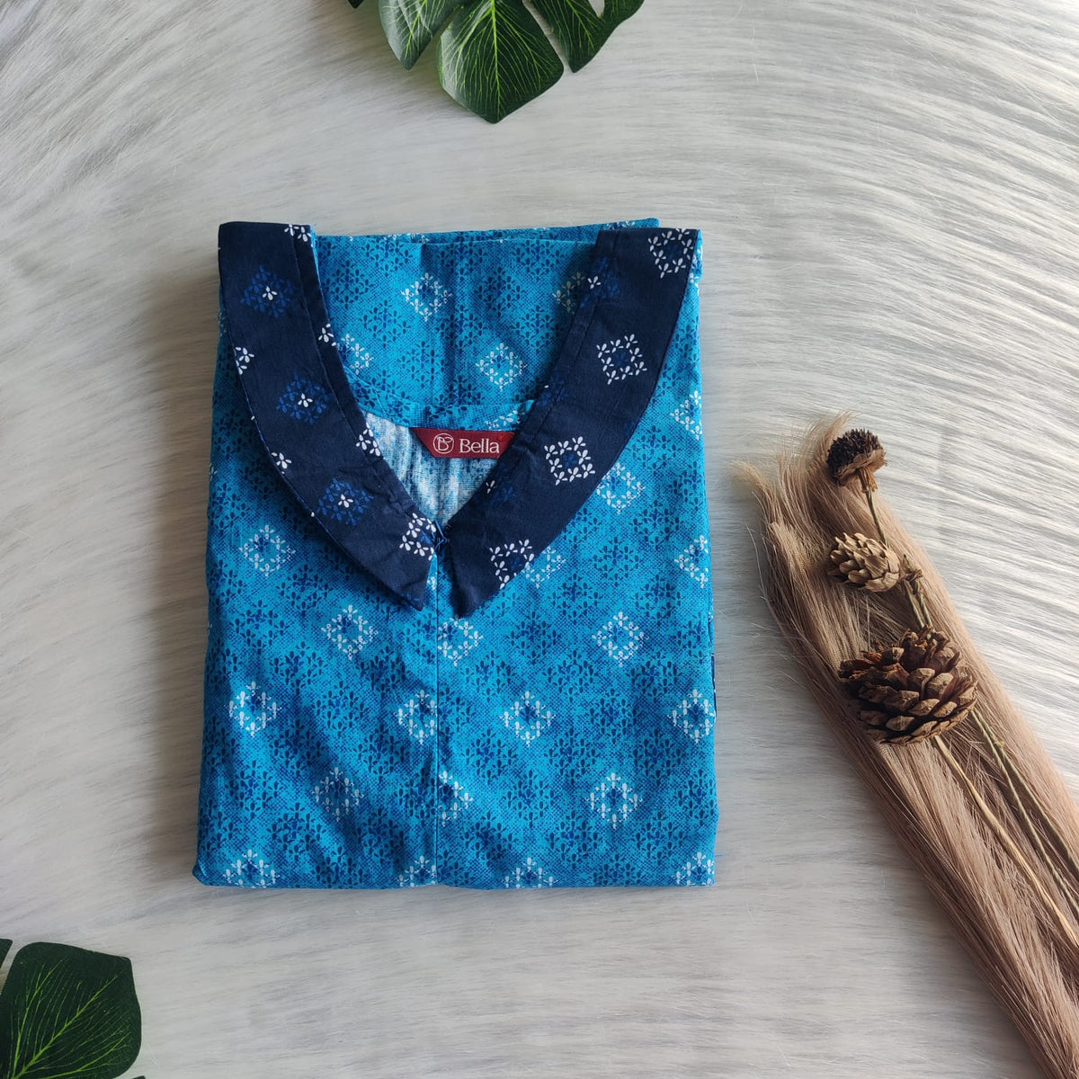 Dark And Pale Blue Printed Premium Cotton Peter Pan Collar Long Zip Feeding Nighty | Free Size | Chest Width 44″| Length 56″