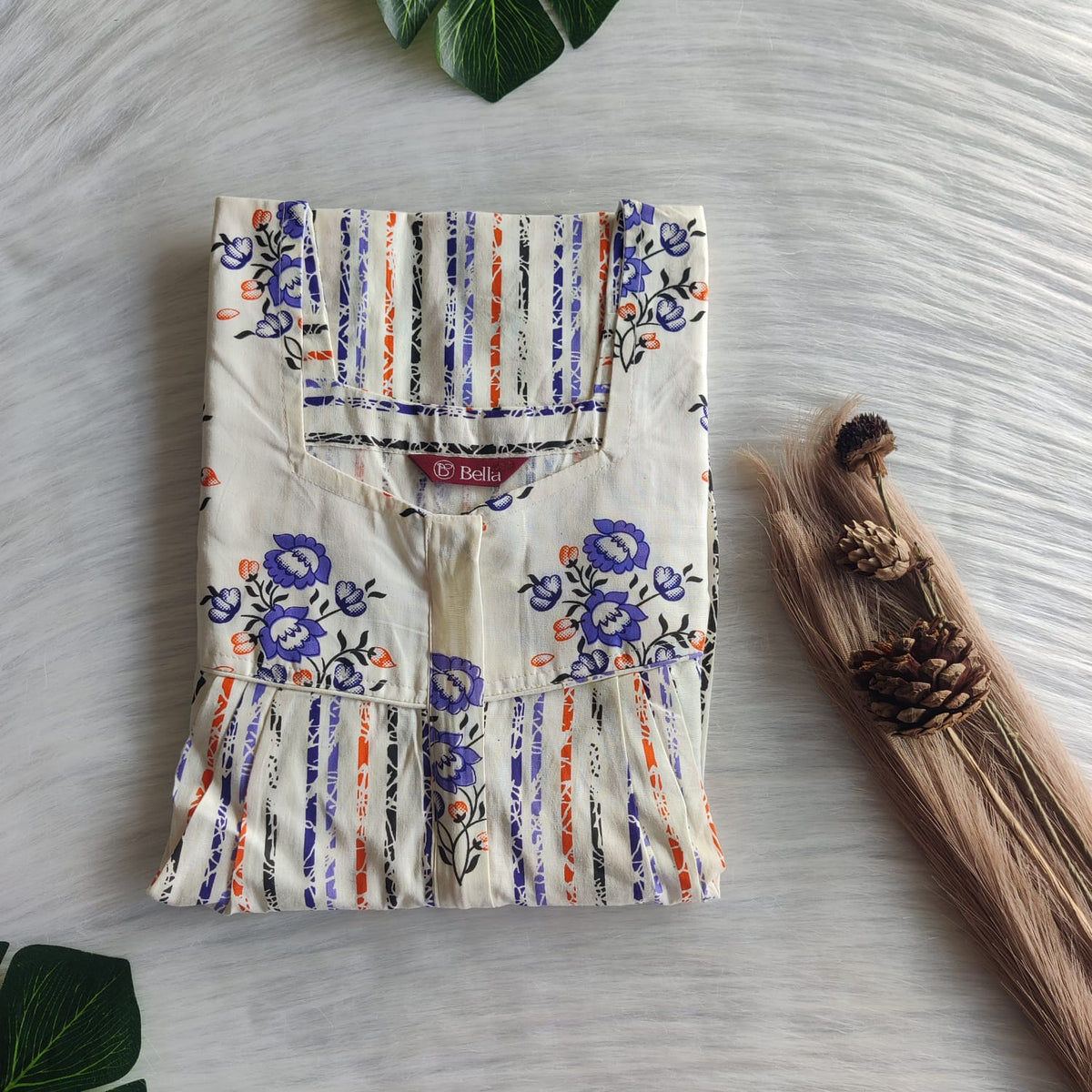Purple And Orange Stripes Printed Ivory  Premium Cotton Square Neck Pleated Nighty | Free Size | Chest Width 44″| Length 55″-56″