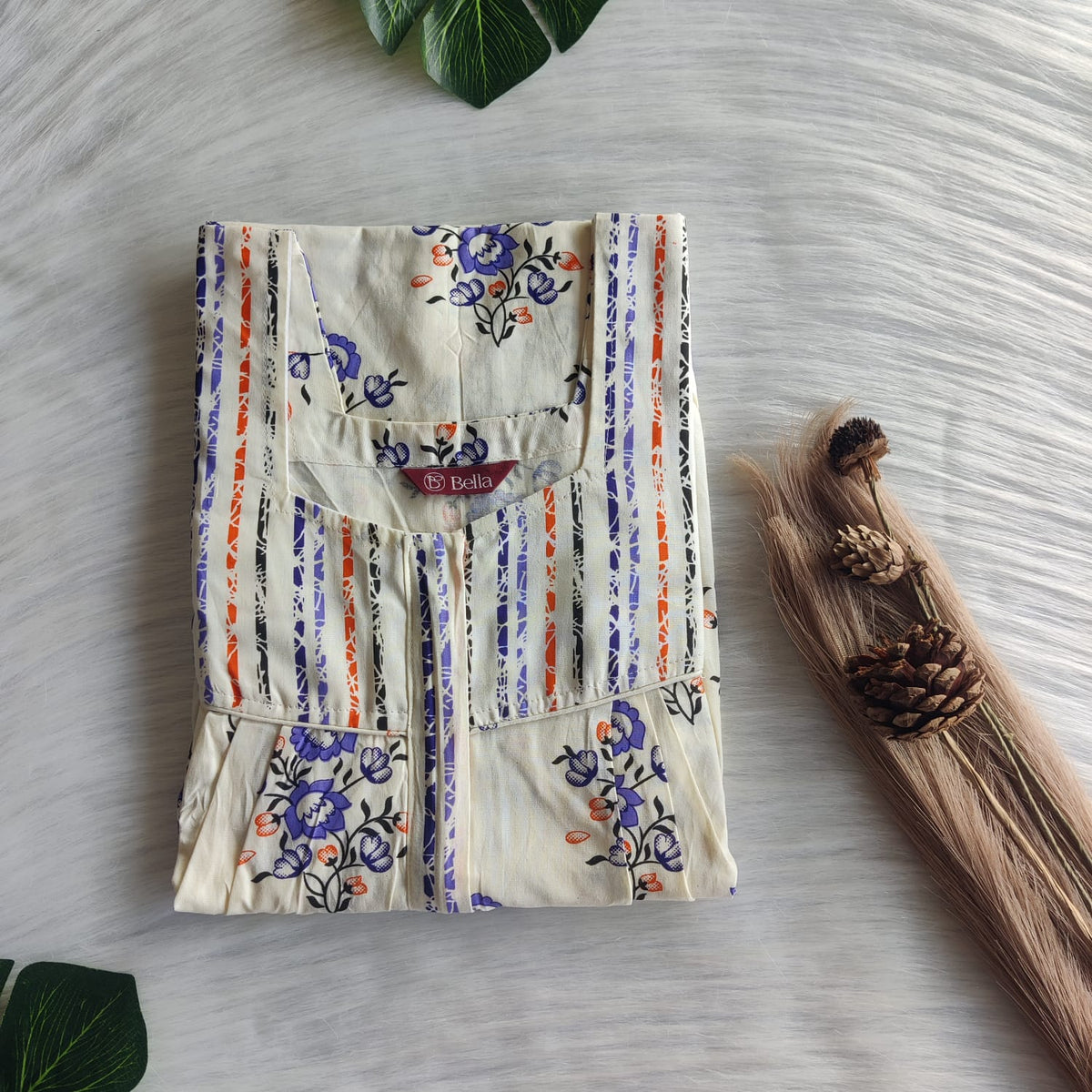 Orange And Purple Floral Printed Ivory Premium Cotton Square Neck Pleated Nighty | Free Size | Chest Width 44″| Length 55″-56″