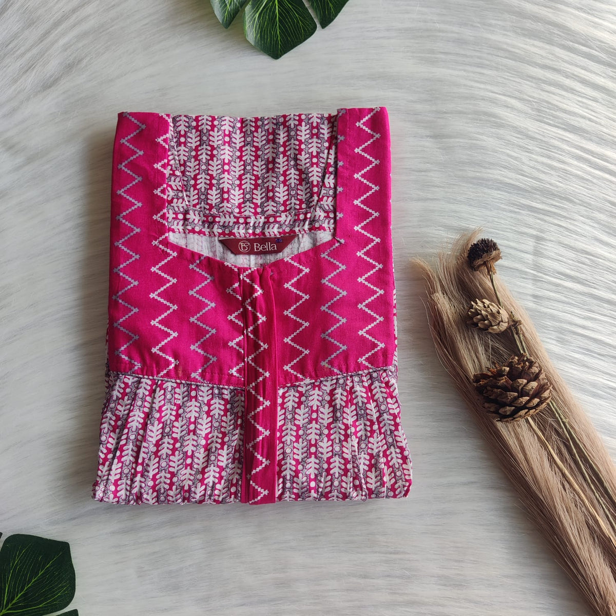 Pink And Grey Floral Printed Premium Cotton Square Neck Pleated Nighty | Free Size | Chest Width 44″| Length 55″-56″