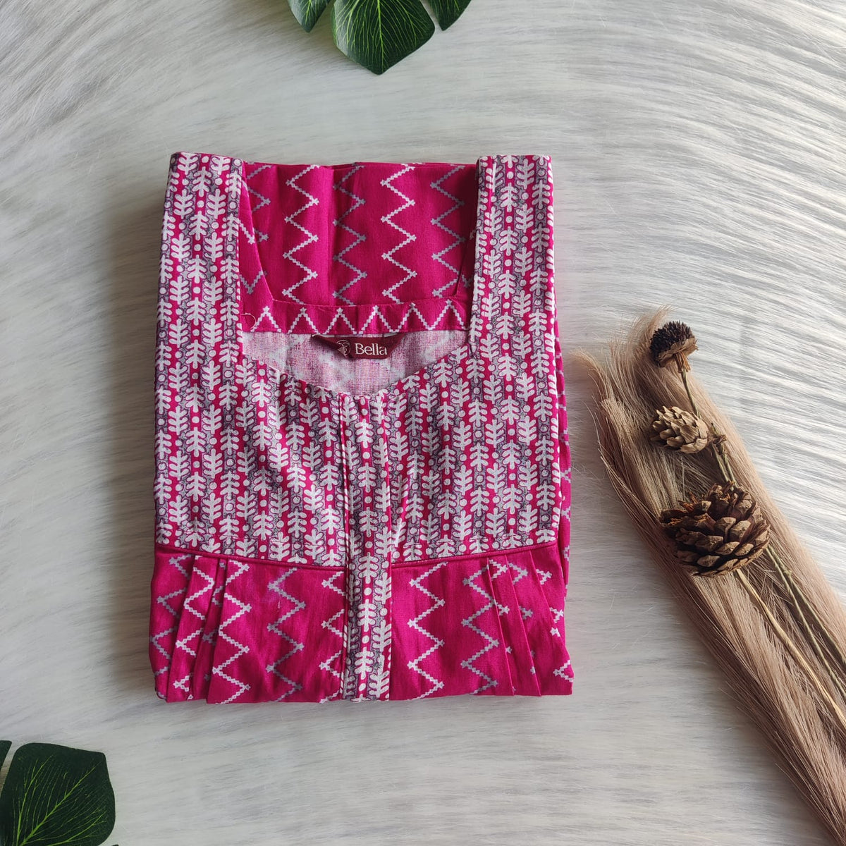 Grey And Pink Zig-Zag  Printed Premium Cotton Square Neck Pleated Nighty | Free Size | Chest Width 44″| Length 55″-56″