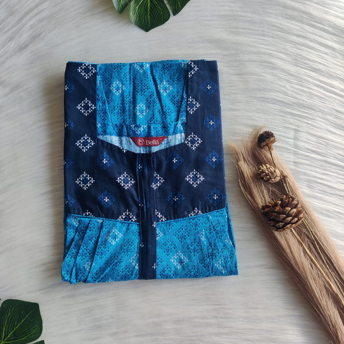 Dark And Pale Blue Printed Premium Cotton Square Neck Pleated Nighty | Free Size | Chest Width 44″| Length 55″-56″