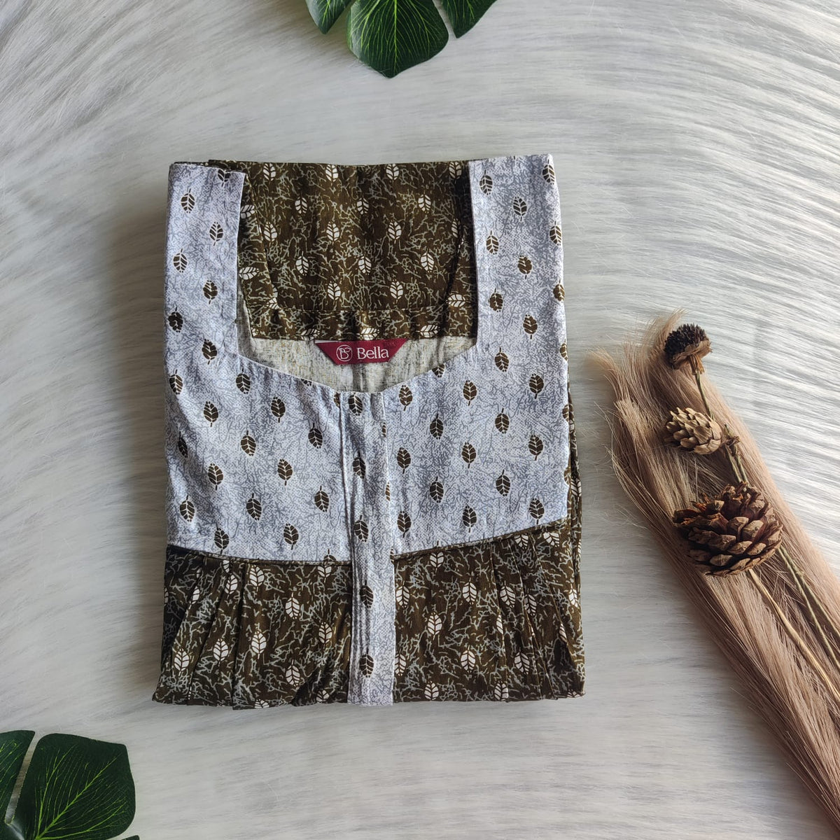 Grey And Green Leaf Printed Premium Cotton Square Neck Pleated Nighty | Free Size | Chest Width 44″| Length 55″-56″