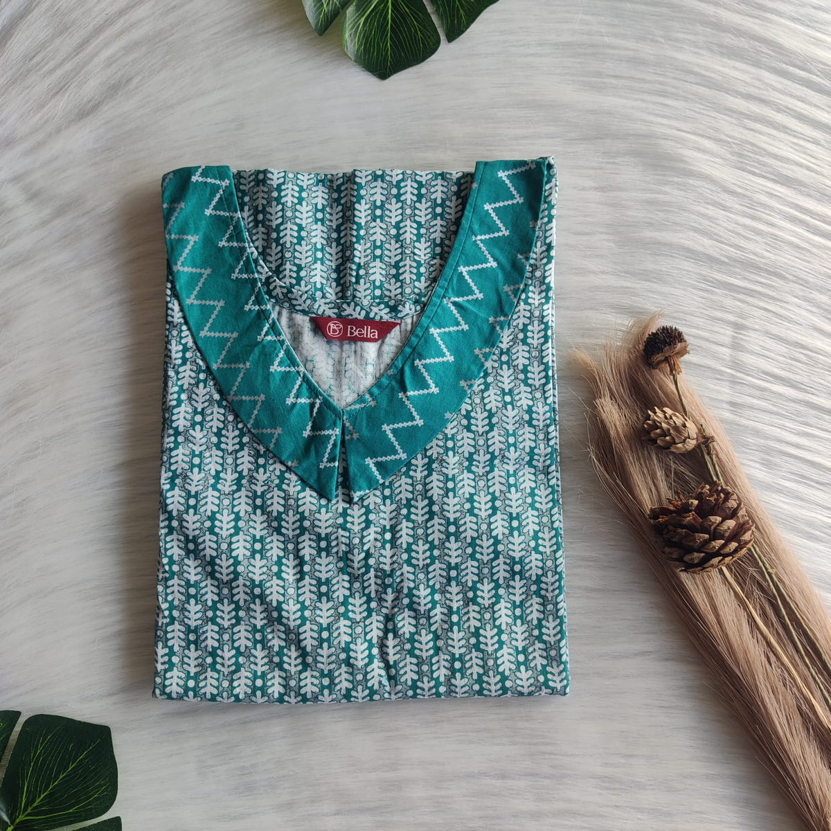 Aqua Green And Grey Floral Printed Premium Cotton Peter Pan Collar Nighty | Free Size | Chest Width 44″| Length 55″-56″