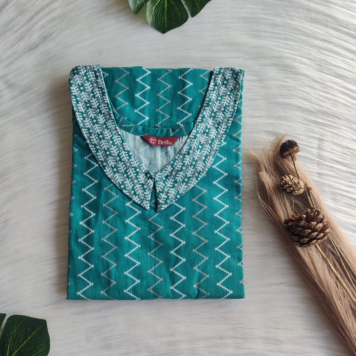 Grey And Aqua Green Zig Zag Printed Premium Cotton Peter Pan Collar Nighty | Free Size | Chest Width 44″| Length 55″-56″