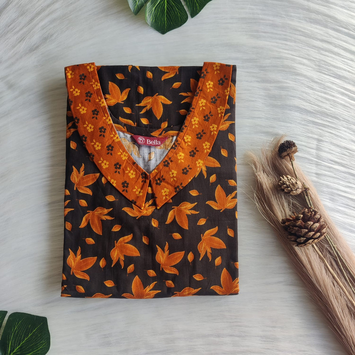 Pale And Dark Brown Floral Printed Premium Cotton Peter Pan Collar Nighty | Free Size | Chest Width 44″| Length 55″-56″