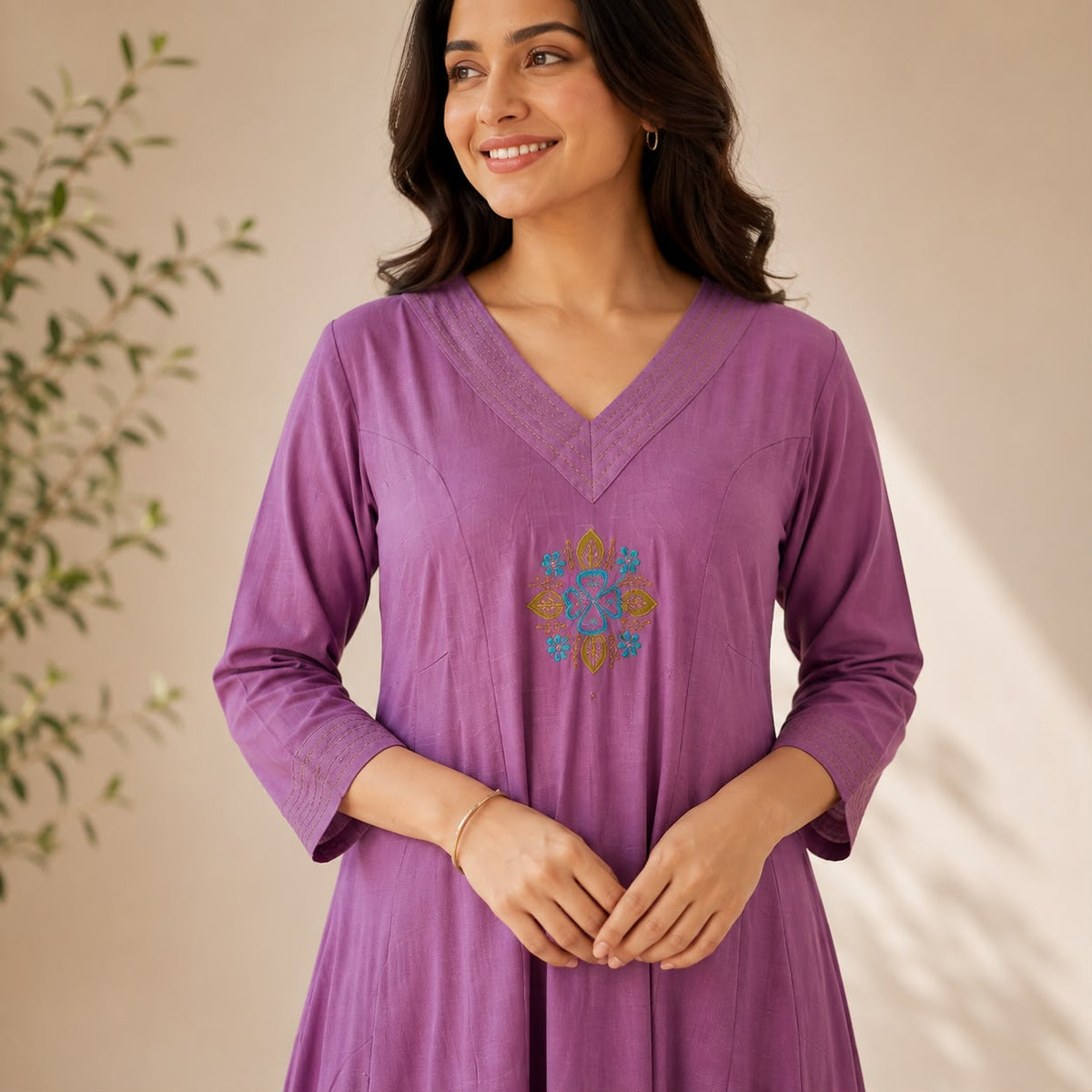 Purple Embroidered Cotton Anarkali Co-ord Set