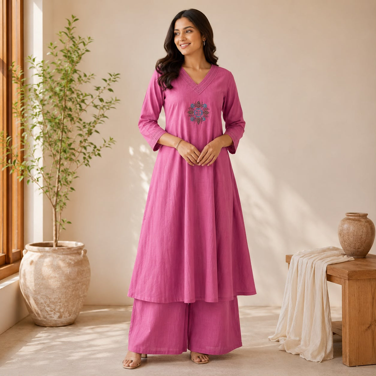Pink Embroidered Cotton Anarkali Co-ord Set