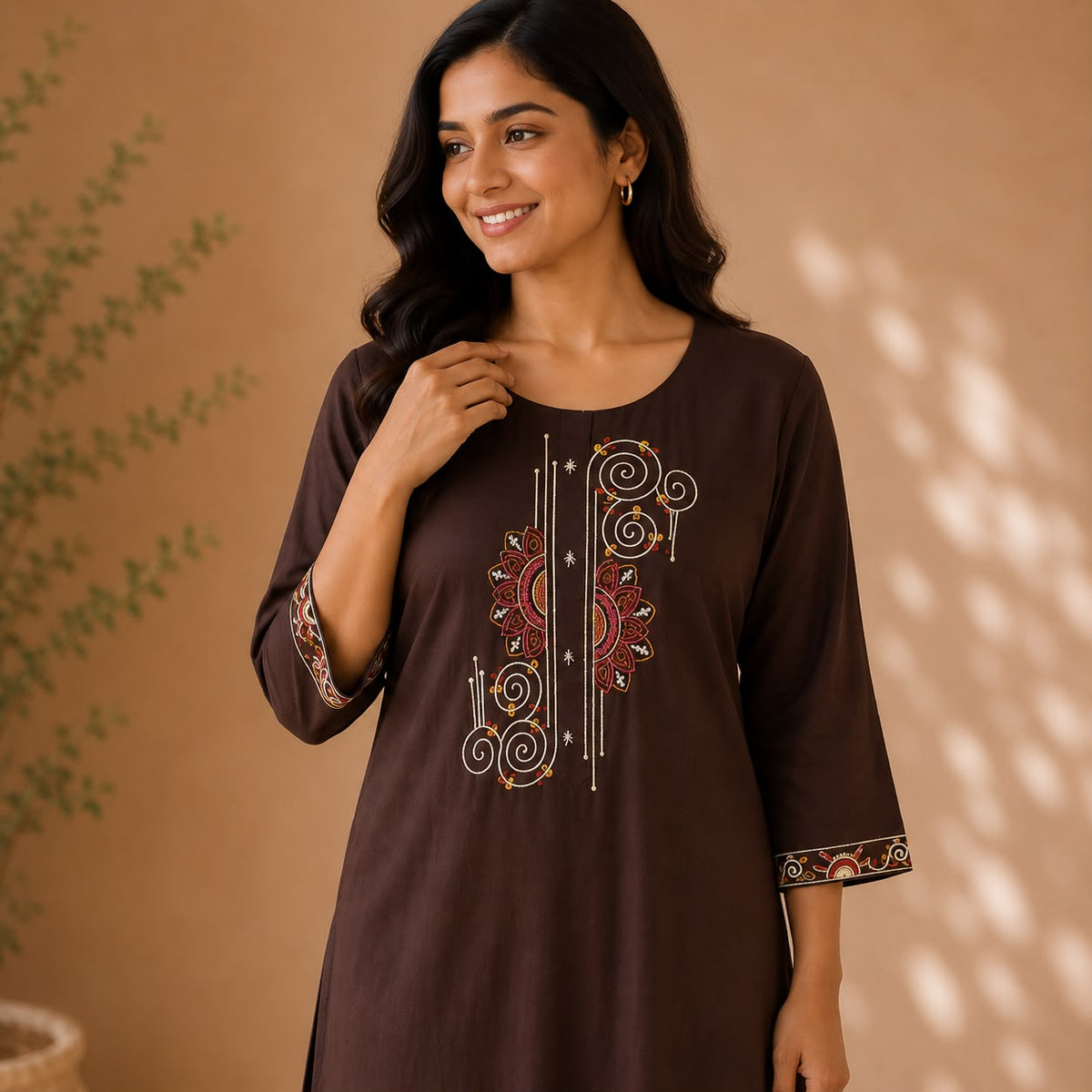 Brown Embroidered Cotton Co-ord Set