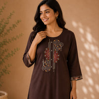 Brown Embroidered Cotton Co-ord Set