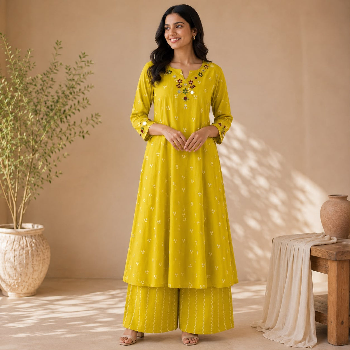 Yellow Embroidered Cotton Anarkali Co-ord Set