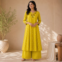 Yellow Embroidered Cotton Anarkali Co-ord Set