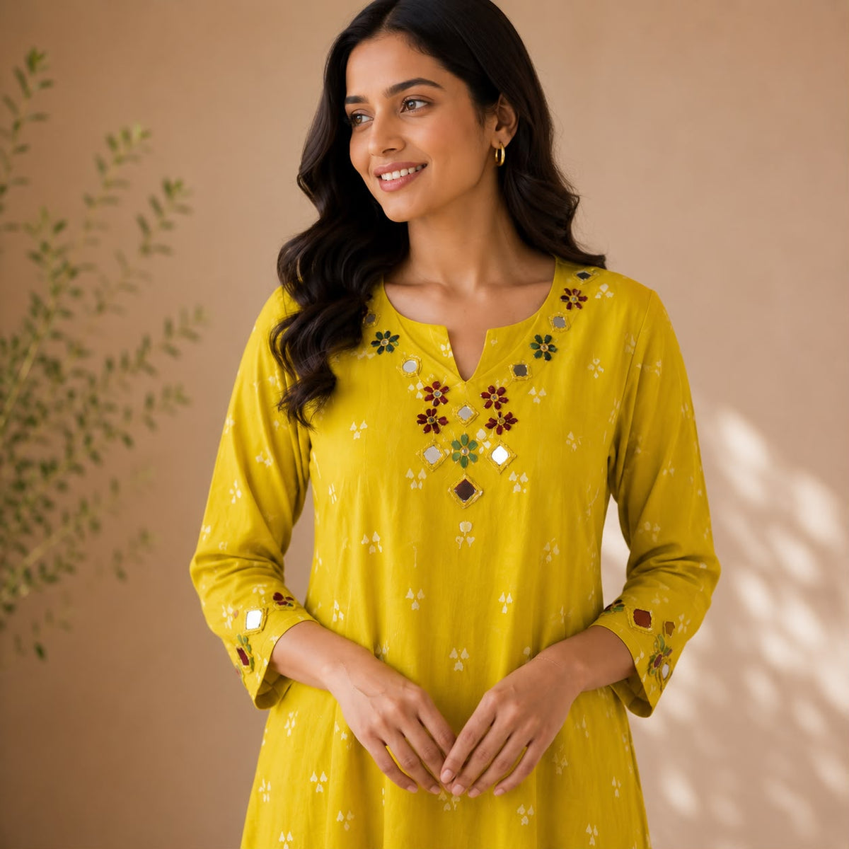 Yellow Embroidered Cotton Anarkali Co-ord Set