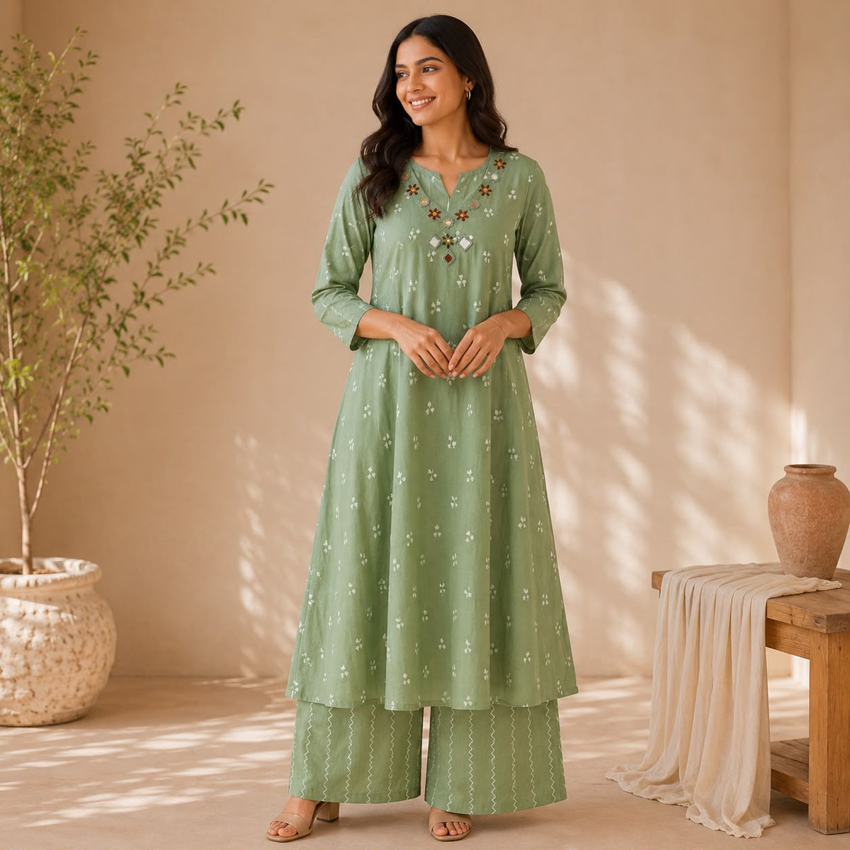 Pastel Green Embroidered Cotton Anarkali Co-ord Set