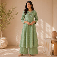 Pastel Green Embroidered Cotton Anarkali Co-ord Set