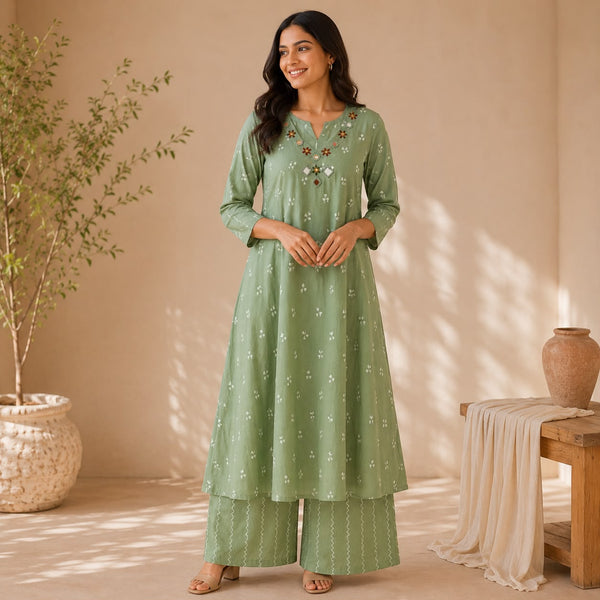 Pastel Green Embroidered Cotton Anarkali Co-ord Set