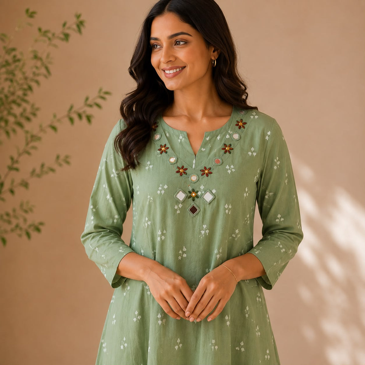 Pastel Green Embroidered Cotton Anarkali Co-ord Set