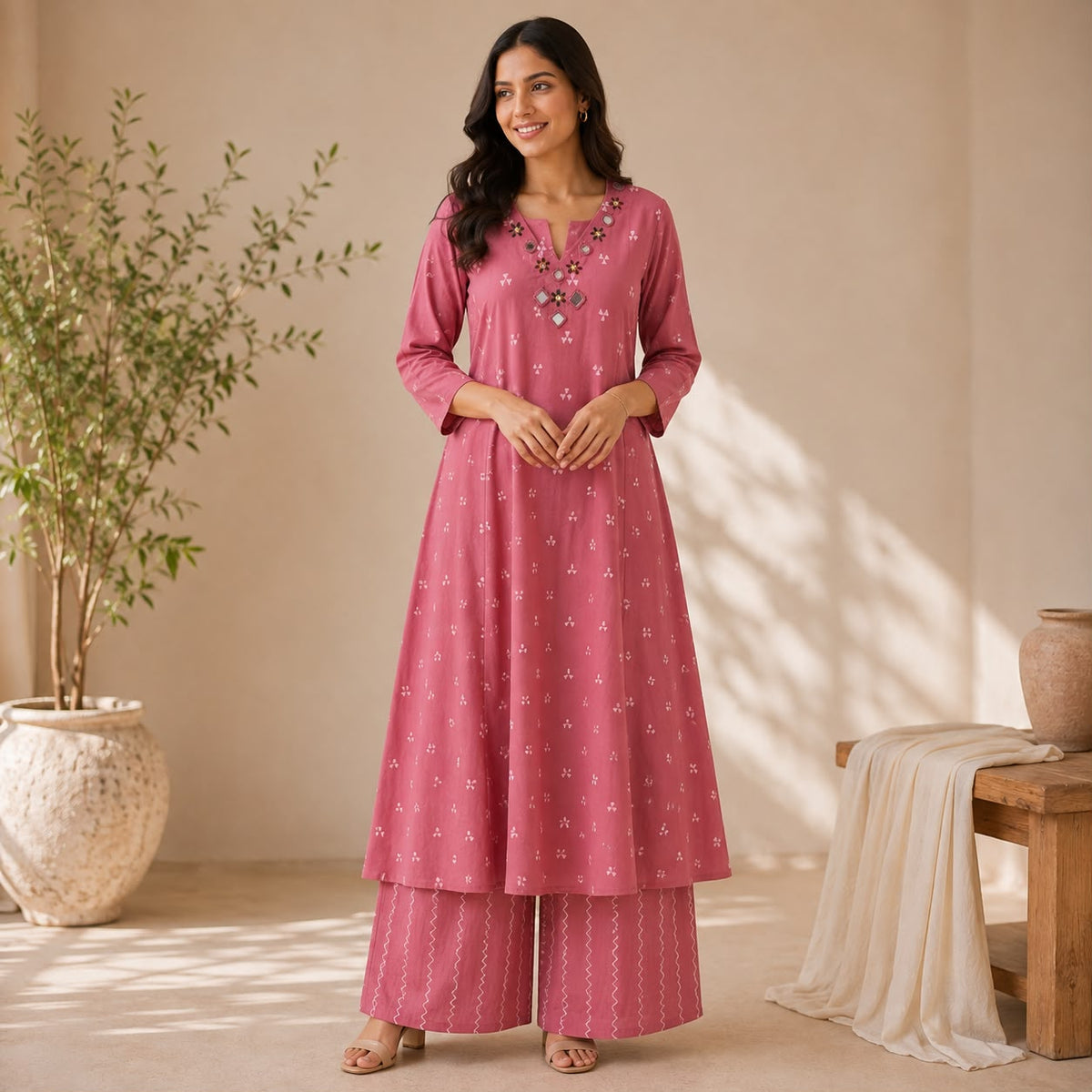 Mouve Pink Embroidered Cotton Anarkali Co-Ord Set