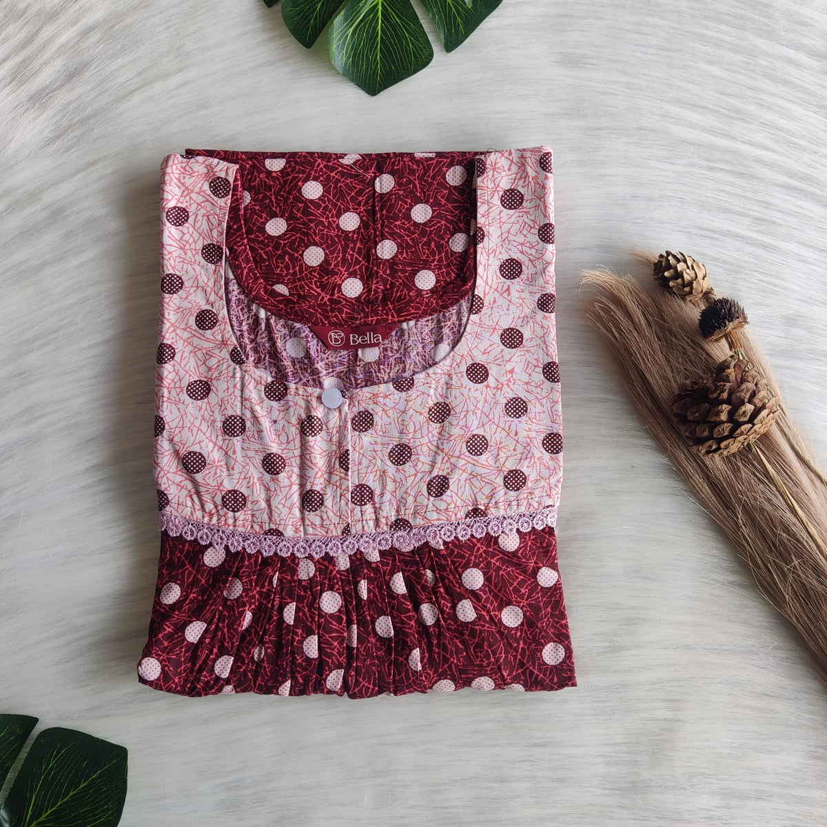 White And Maroon Dot Printed Premium Cotton Lace Nighty | Free Size | Chest Width 44″| Length 54″-56″