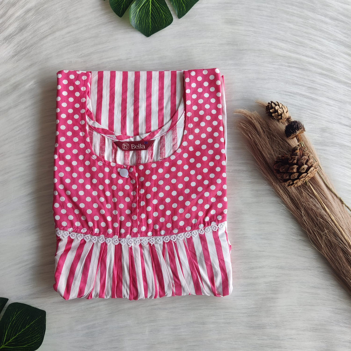 Pink And White Stripes Printed Premium Cotton Lace Nighty | Free Size | Chest Width 44″| Length 54″-56″