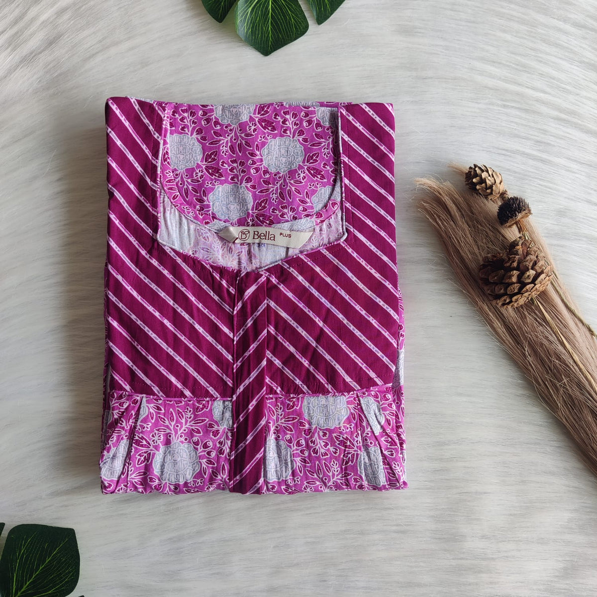 Wine And Grey Floral Printed Premium Cotton Plus Size Pleated Vertical Zip Feeding Nighty | Chest Width 50″| Length 56″
