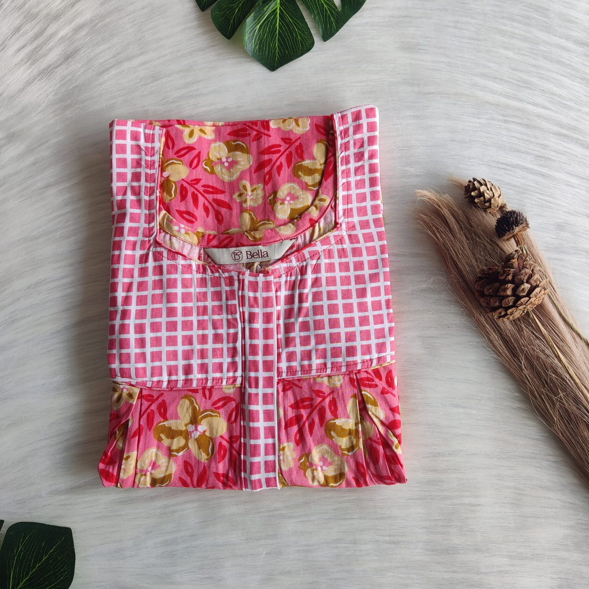 Pink And Yellow Floral Printed Premium Cotton Plus Size Pleated Vertical Zip Feeding Nighty | Chest Width 50″| Length 56″