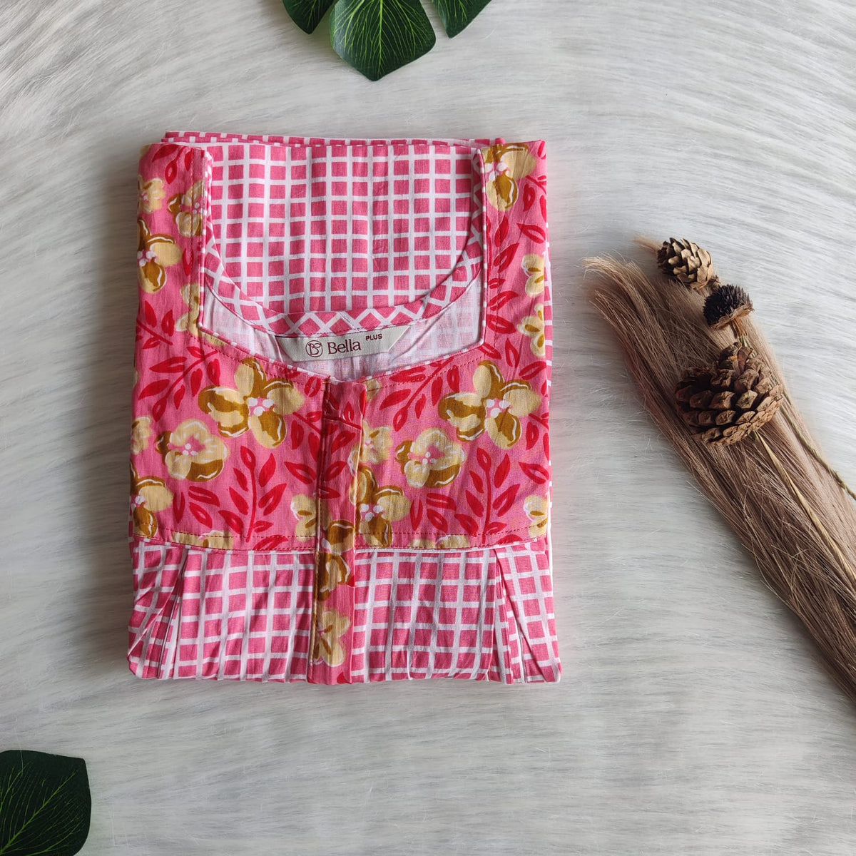 Yellow And Pink Check Printed Premium Cotton Plus Size Pleated Vertical Zip Feeding Nighty | Chest Width 50″| Length 56″
