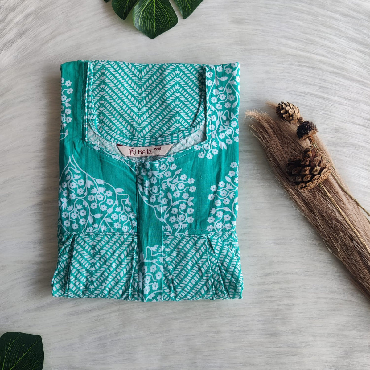 Aqua Green And White Printed Premium Cotton Plus Size Pleated Vertical Zip Feeding Nighty | Chest Width 50″| Length 56″