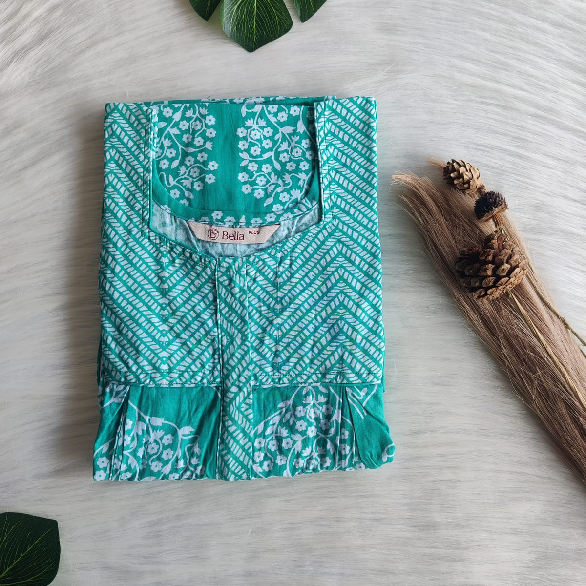 White And Aqua Green Printed Premium Cotton Plus Size Pleated Vertical Zip Feeding Nighty | Chest Width 50″| Length 56″
