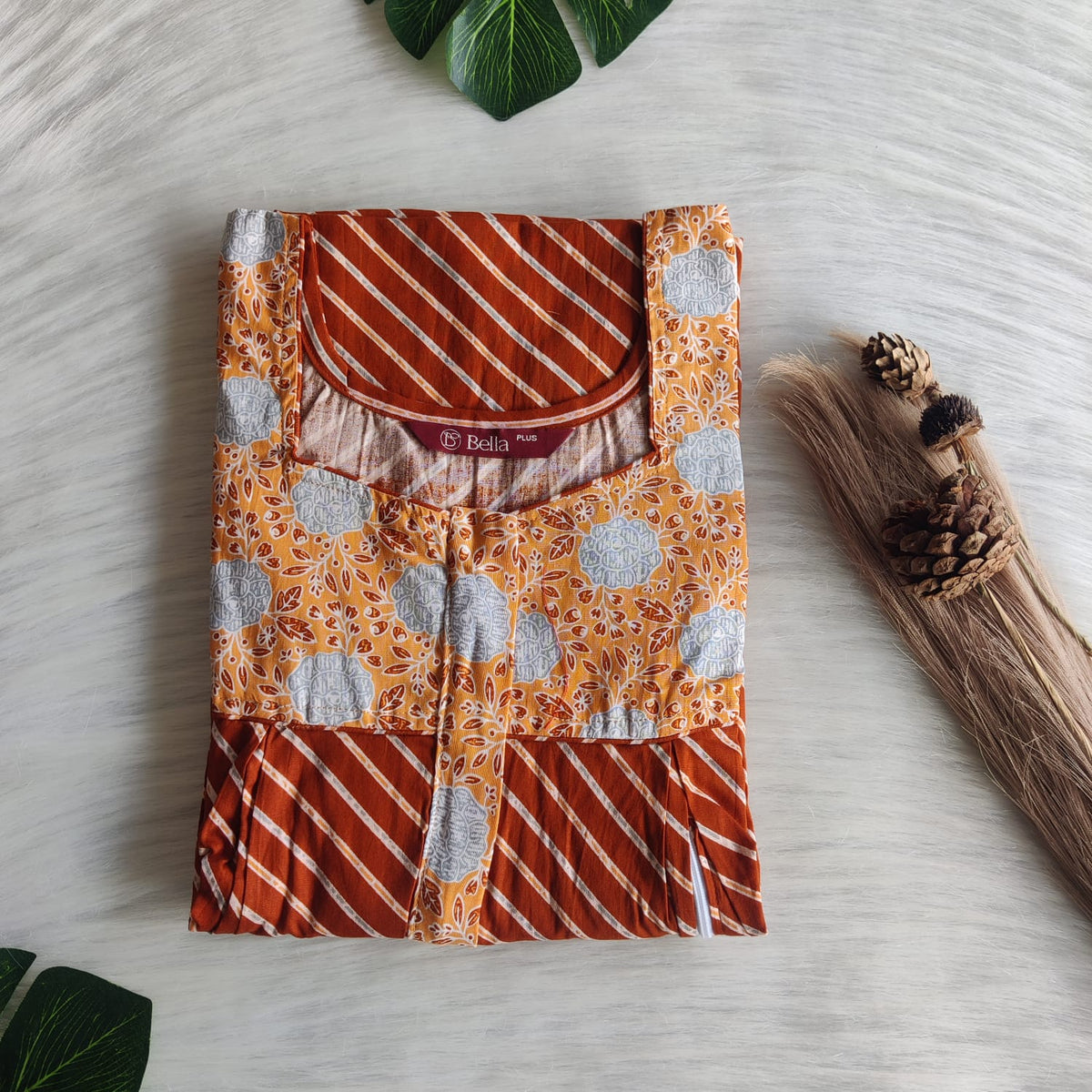 Grey And Brown Stripes Printed Premium Cotton Plus Size Pleated Vertical Zip Feeding Nighty | Chest Width 50″| Length 56″