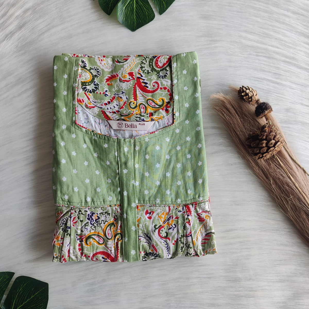 Green And Red Kalamkari Printed Premium Cotton Plus Size Pleated Vertical Zip Feeding Nighty | Chest Width 50″| Length 56″