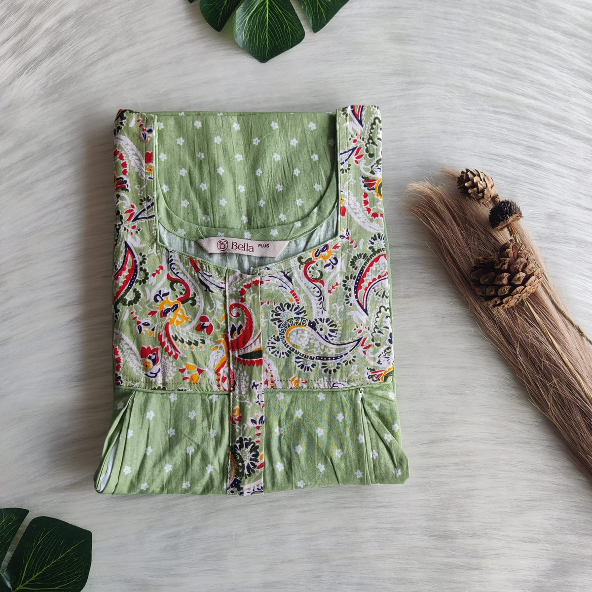 Red Kalamkari And Green Printed Premium Cotton Plus Size Pleated Vertical Zip Feeding Nighty | Chest Width 50″| Length 56″