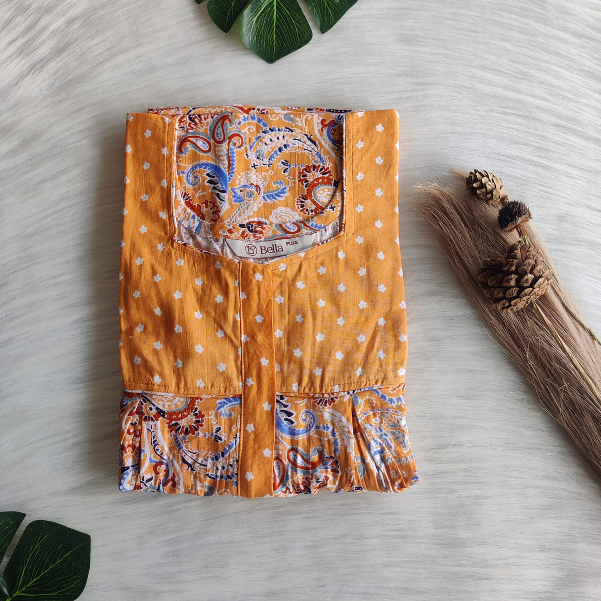 Orange And Blue Kalamkari Printed Premium Cotton Plus Size Pleated Vertical Zip Feeding Nighty | Chest Width 50″| Length 56″