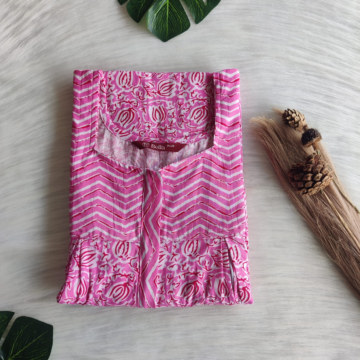 White And Pink Floral Printed Premium Cotton Plus Size Pleated Vertical Zip Feeding Nighty | Chest Width 50″| Length 56″