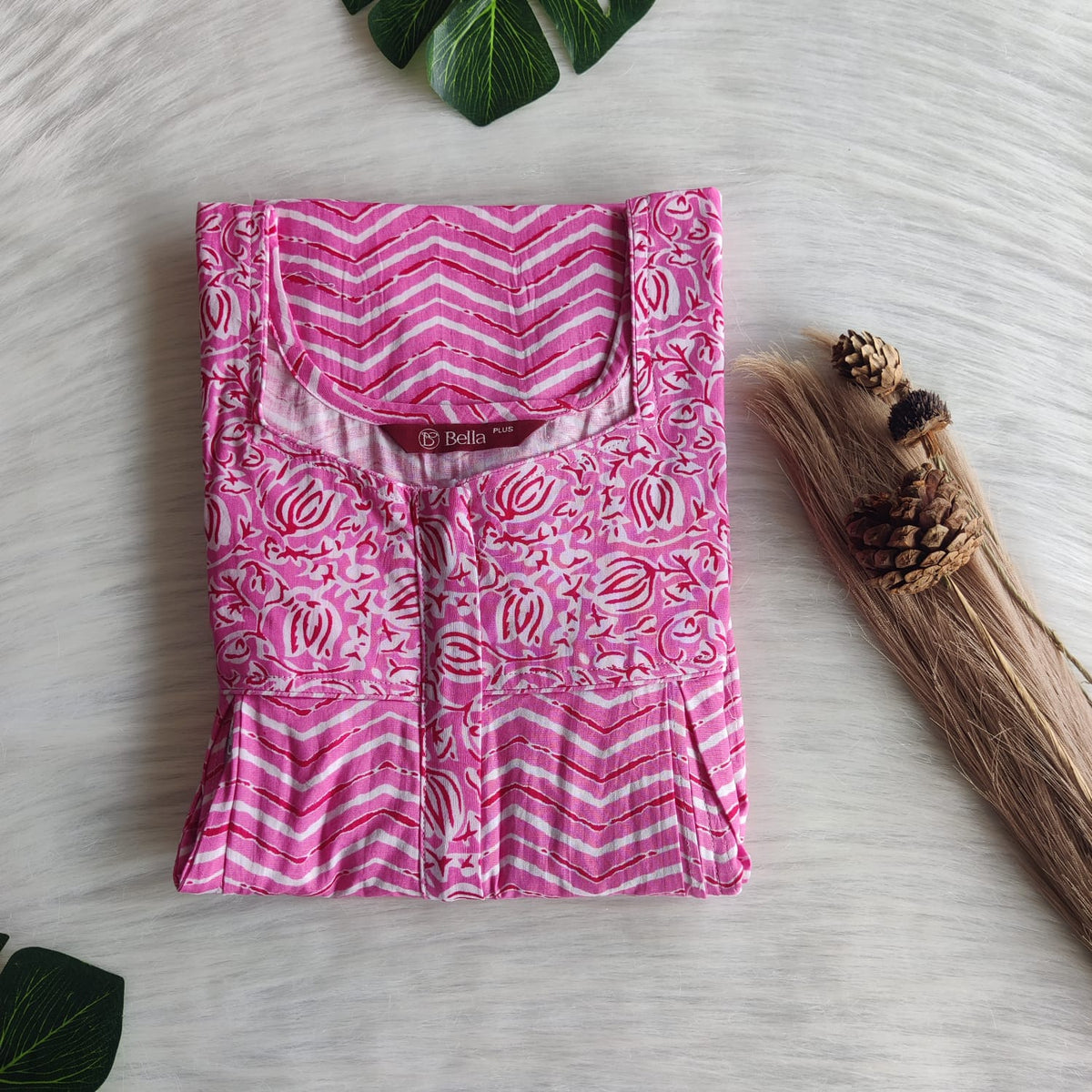 Pink And White Stripes Printed Premium Cotton Plus Size Pleated Vertical Zip Feeding Nighty | Chest Width 50″| Length 56″