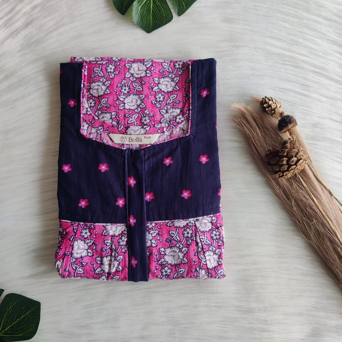Navy Blue And Pink Floral Printed Premium Cotton Plus Size Pleated Vertical Zip Feeding Nighty | Chest Width 50″| Length 56″