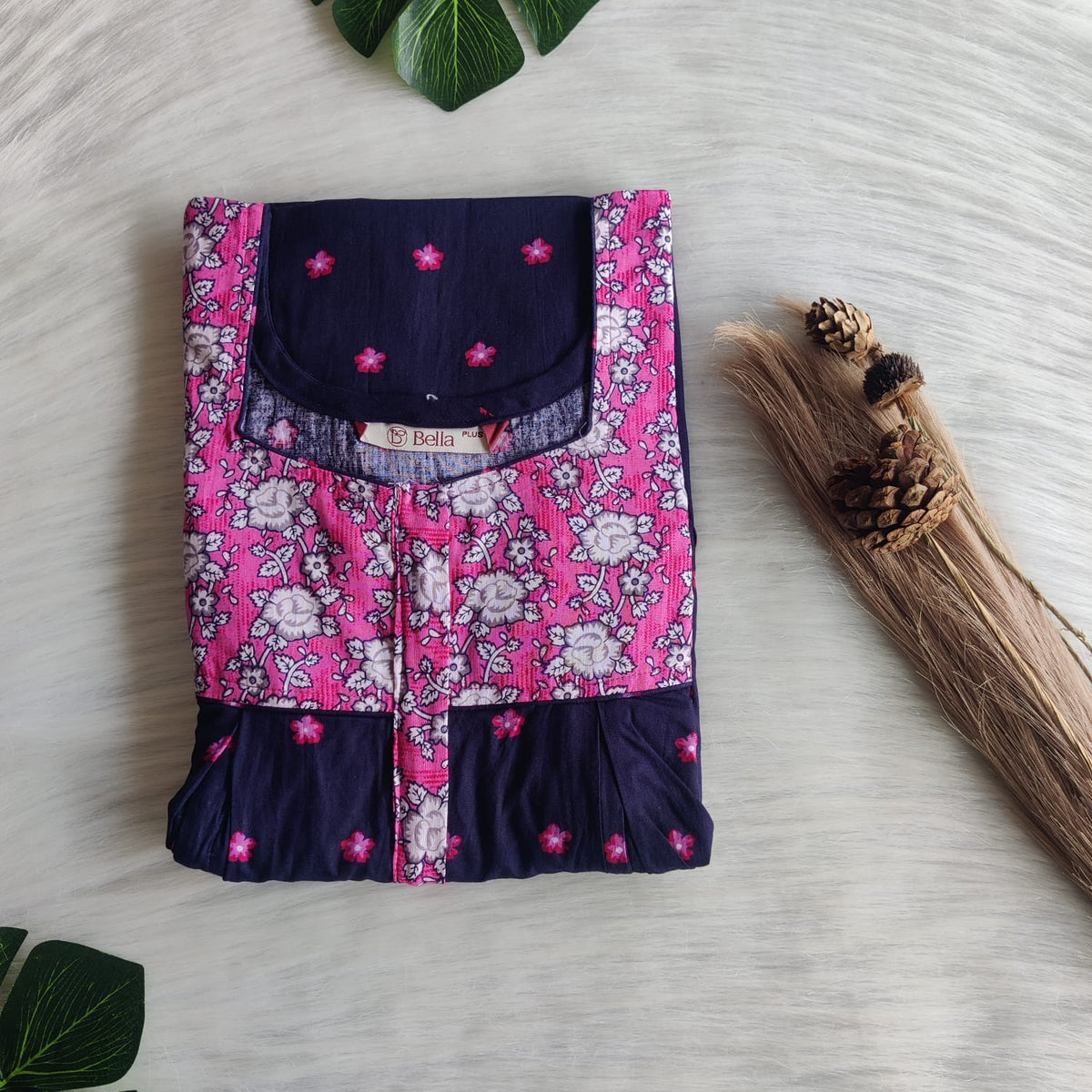 Pink And Navy Blue Printed Premium Cotton Plus Size Pleated Vertical Zip Feeding Nighty | Chest Width 50″| Length 56″