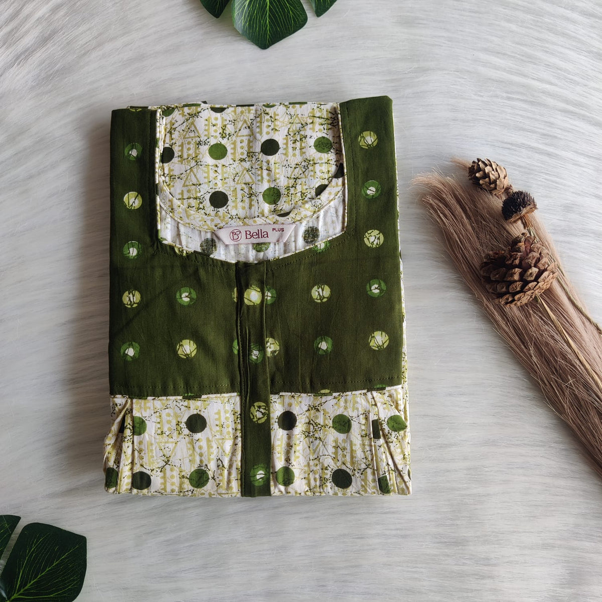 Green And White Dot  White And Green Dot Printed Premium Cotton Plus Size Pleated Vertical Zip Feeding Nighty | Chest Width 50″| Length 56″