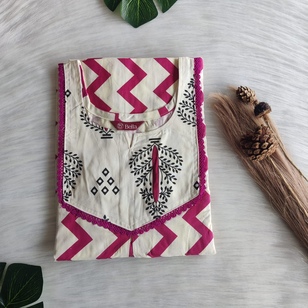 Ivory And Wine Zig-Zag Printed Premium Cotton Mix N Match Lace Pocket Nighty | Free Size | Chest Width 44″| Length 56″