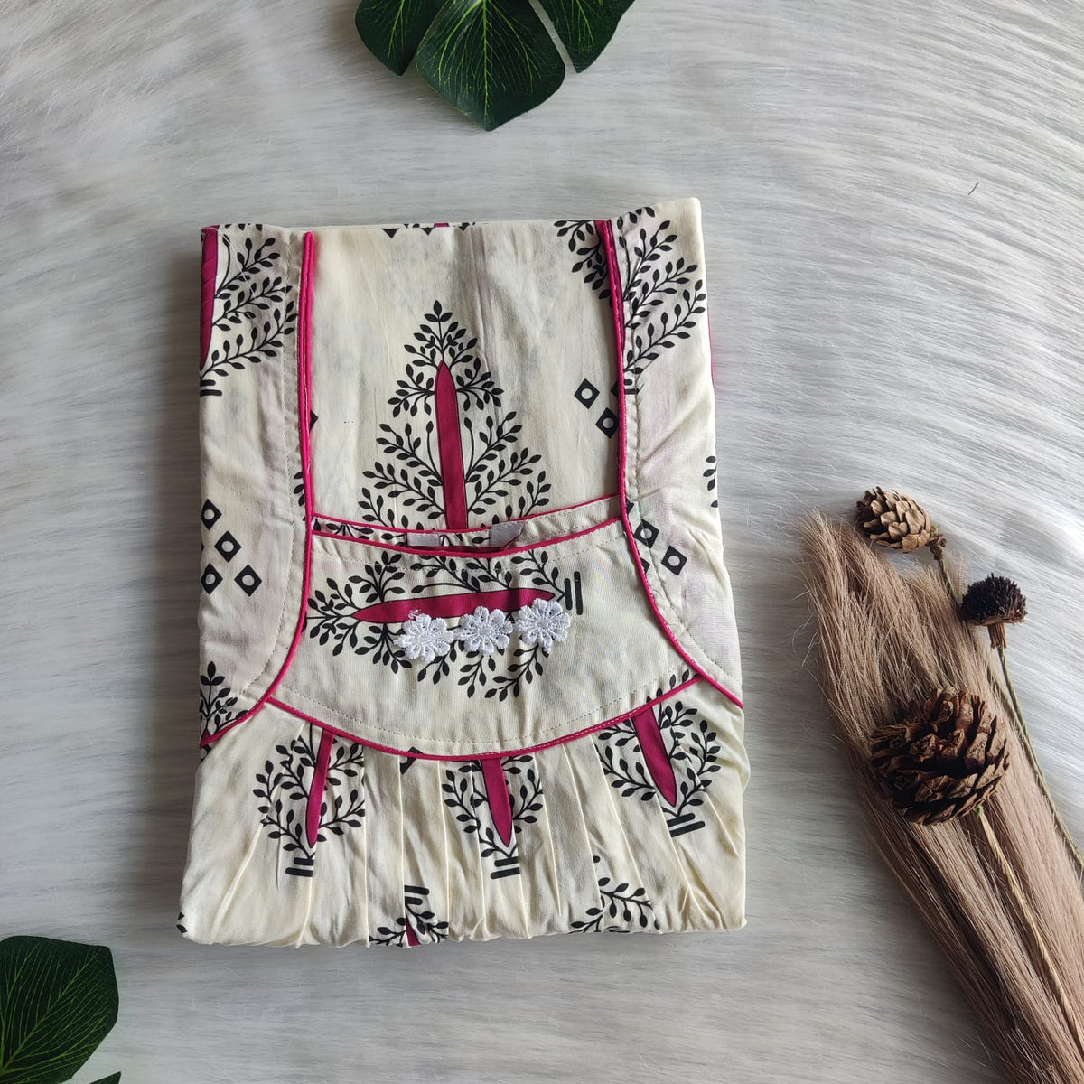 Pink Printed Ivory Premium Cotton Three Flower Nighty |Free Size | Chest Width 44"| Length 54"-55"