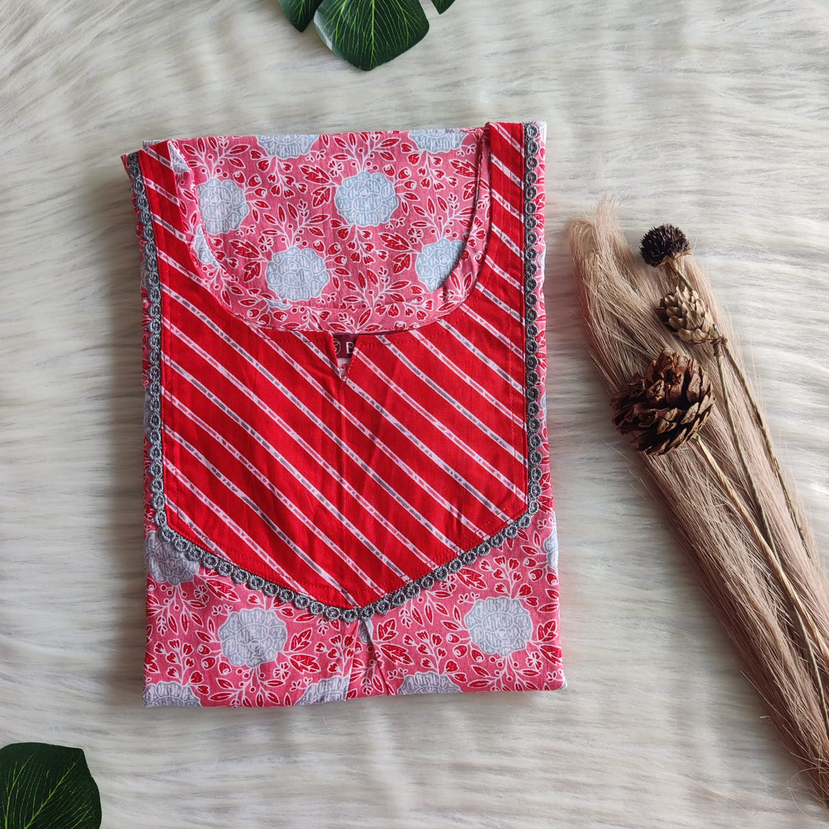 Red And Grey Floral Printed Premium Cotton Plus Size Mix N Match Lace Pocket Nighty | Chest Width 50″| Length 56″