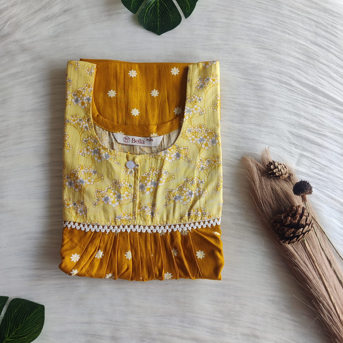Pale And Dark Yellow Printed Premium Cotton Plus Size Lace Nighty | Chest Width 50″| Length 56″