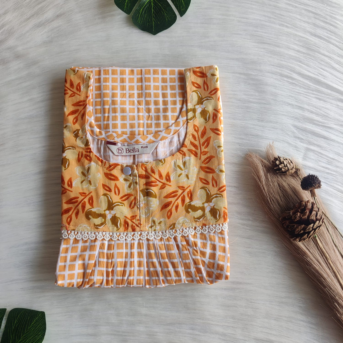 Orange And White Check Printed Premium Cotton Plus Size Lace Nighty | Chest Width 50″| Length 56″