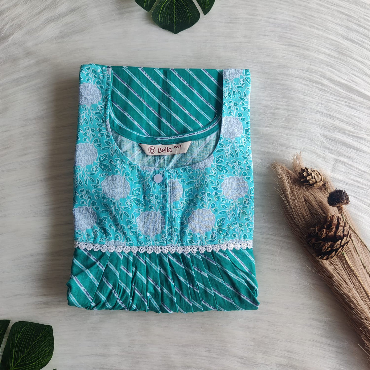 Grey And Aqua Green Stripes Printed Premium Cotton Plus Size Lace Nighty | Chest Width 50″| Length 56″