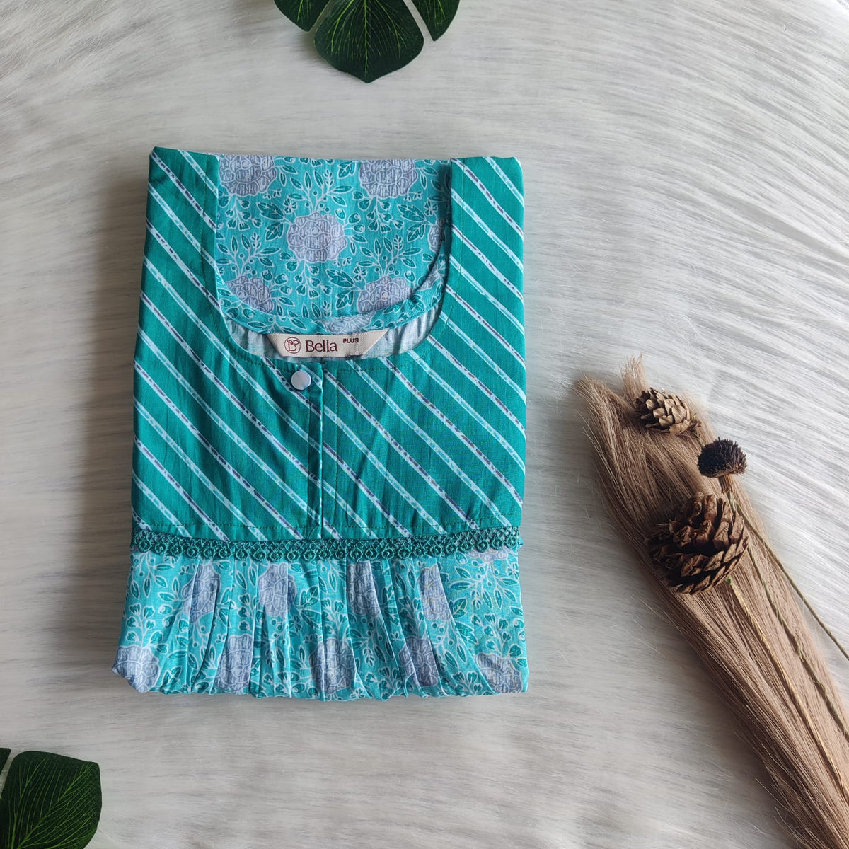 Aqua Green And Grey Floral Printed Premium Cotton Plus Size Lace Nighty | Chest Width 50″| Length 56″