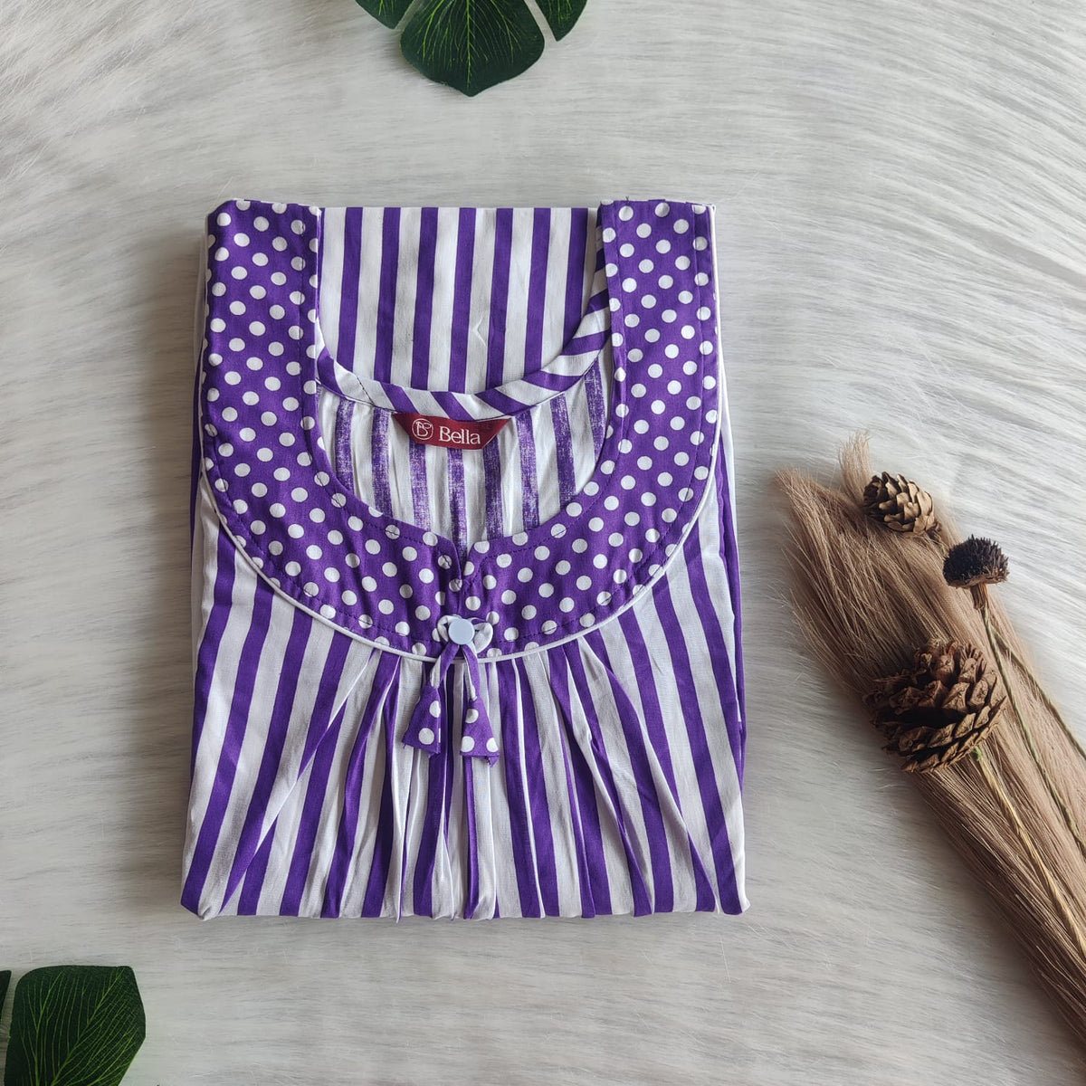 Purple And White Stripes Printed Premium Cotton No Zip Pleated Nighty | Free Size | Chest Width 44″| Length 55″-56″