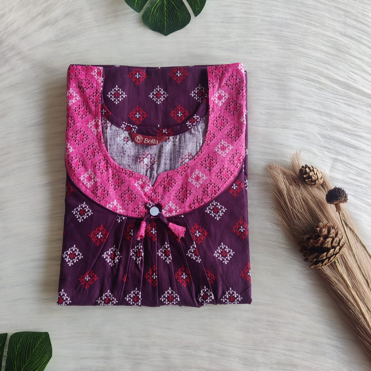 Pink And Wine Printed Premium Cotton No Zip Pleated Nighty | Free Size | Chest Width 44″| Length 55″-56″