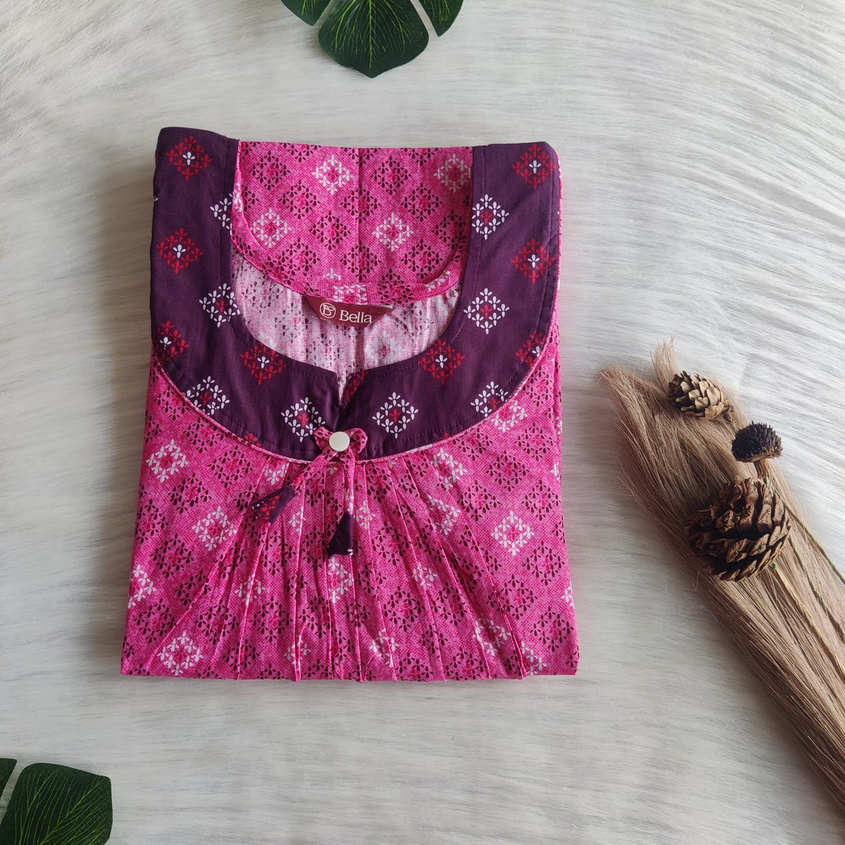 Wine And Pink Printed Premium Cotton No Zip Pleated Nighty | Free Size | Chest Width 44″| Length 55″-56″